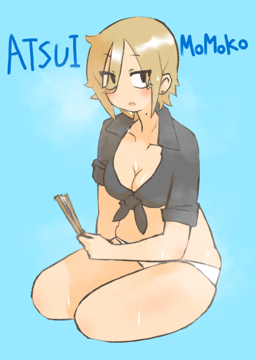 1girl absurdres black_shirt blonde_hair blue_background breasts character_name cocoa_fuumi front-tie_top hair_between_eyes highres jitome looking_at_viewer mole mole_on_neck office_lady original panties sanpaku shirt short_hair simple_background solo summer tied_shirt underwear