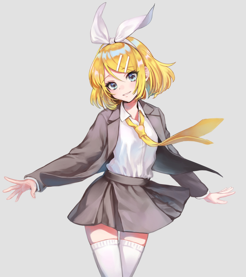 1girl asahi_yuuji blonde_hair bow commentary cowboy_shot dress_shirt grey_skirt hair_bow hair_ornament hairclip head_tilt highres kagamine_rin light_blush looking_at_viewer necktie outstretched_arms shirt short_hair simple_background skindentation skirt smile solo spread_arms suit_jacket thigh-highs vocaloid white_bow white_legwear yellow_neckwear zettai_ryouiki