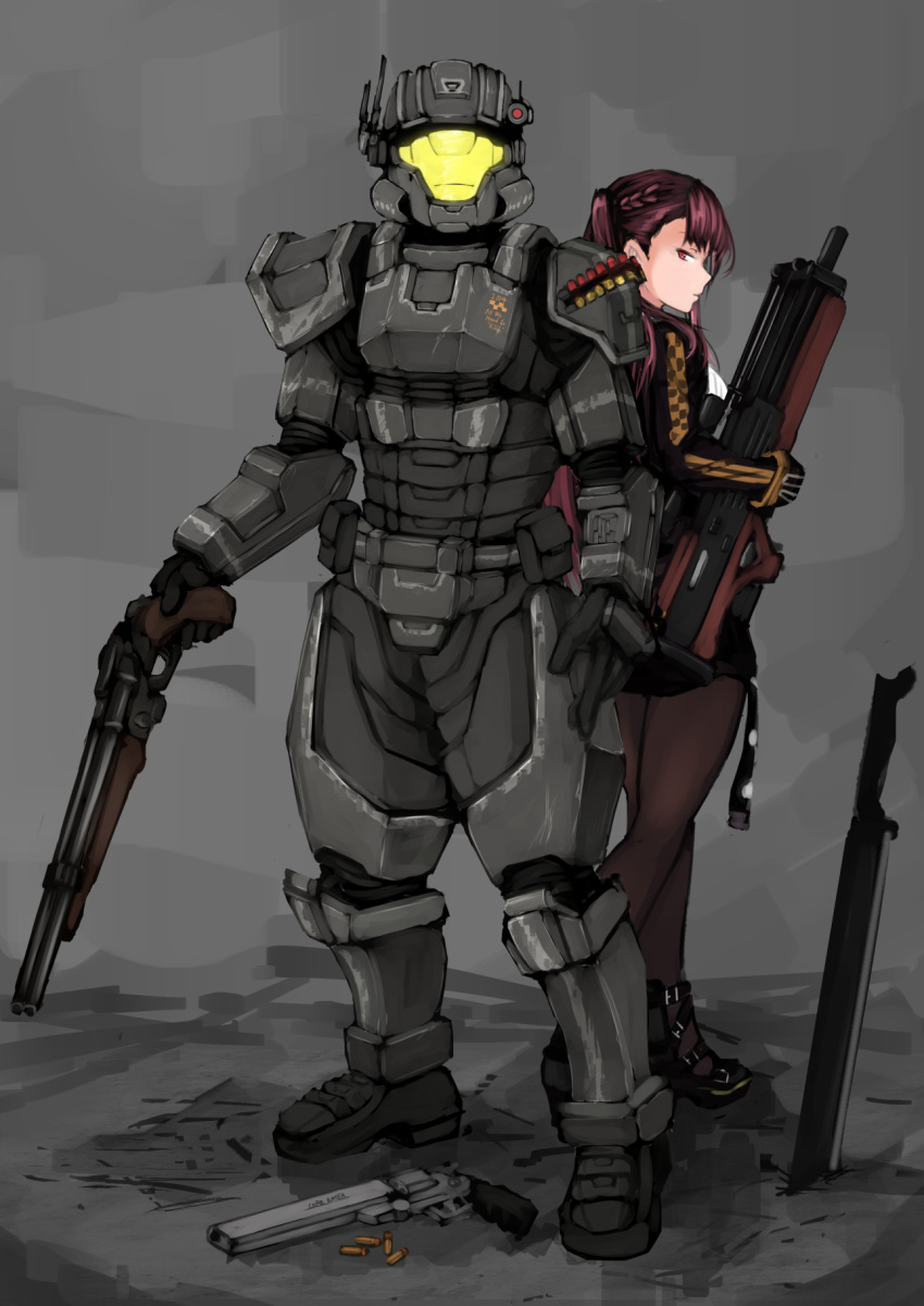 1boy 1girl character_request commentary_request girls_frontline gun halo_(game) handgun highres holding holding_weapon katagiri_ags looking_at_viewer looking_back power_armor revolver shotgun shotgun_speed_loader sword thigh-highs wa2000_(girls_frontline) weapon