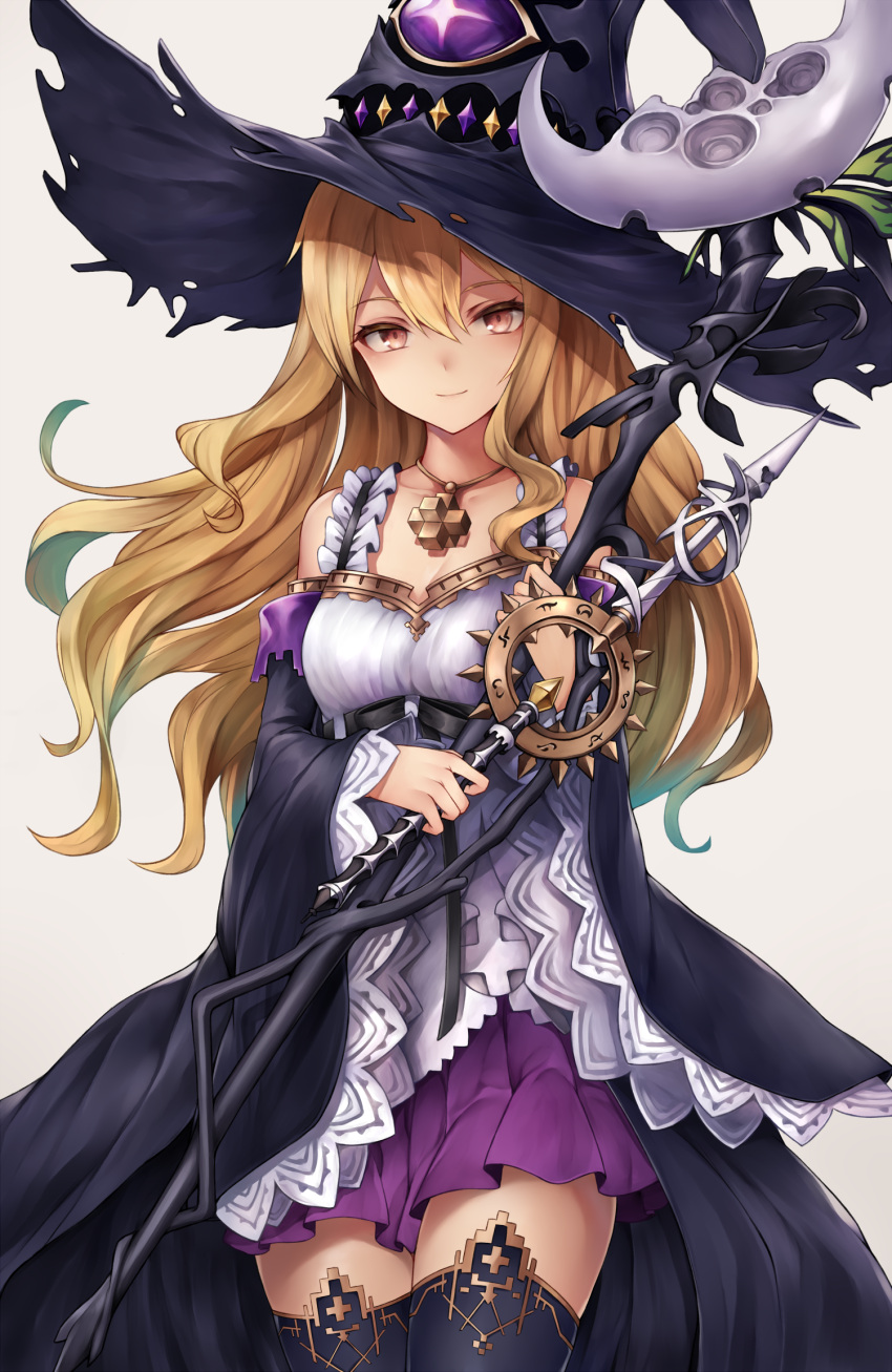 1girl bare_shoulders black_headwear black_legwear blonde_hair blush breasts closed_mouth commentary_request cowboy_shot dorothy_(shingeki_no_bahamut) dual_wielding eyebrows_visible_through_hair hair_between_eyes hat highres holding holding_staff holding_wand inaba_sunimi jewelry long_hair looking_at_viewer medium_breasts necklace purple_skirt red_eyes shadowverse shingeki_no_bahamut simple_background skirt skirt_under_dress smile solo staff thigh-highs wand wide_sleeves witch witch_hat