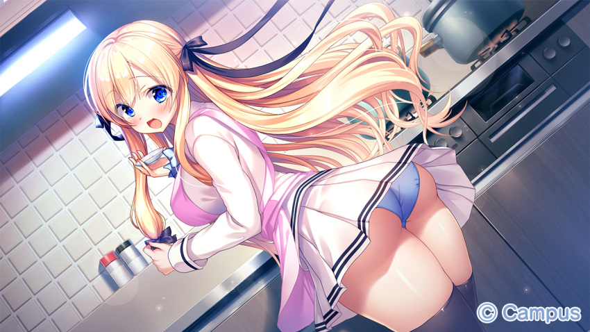 1girl ama_ane_-my_sweet_sister- apron ass ayuma_sayu back bangs blazer blonde_hair blue_eyes blue_panties blush bow bowtie breasts crossed_bangs eyebrows_visible_through_hair floating_hair from_behind game_cg hair_between_eyes hair_bow hair_ribbon jacket kujou_alice large_breasts long_hair long_sleeves looking_at_viewer looking_back official_art open_mouth panties pleated_skirt ribbon school_uniform skirt smile solo thigh-highs underwear