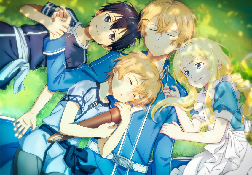 1girl 3boys absurdres alice_schuberg apron black_eyes black_hair blonde_hair blue_eyes blue_jacket blue_shirt closed_eyes day eugeo from_above grass grey_pants hairband highres holding holding_hands jacket kirito long_hair long_sleeves lying multiple_boys on_back on_side outdoors pants ponytail sheath shirt short_sleeves sidelocks sleeping smile sword_art_online white_apron white_hairband