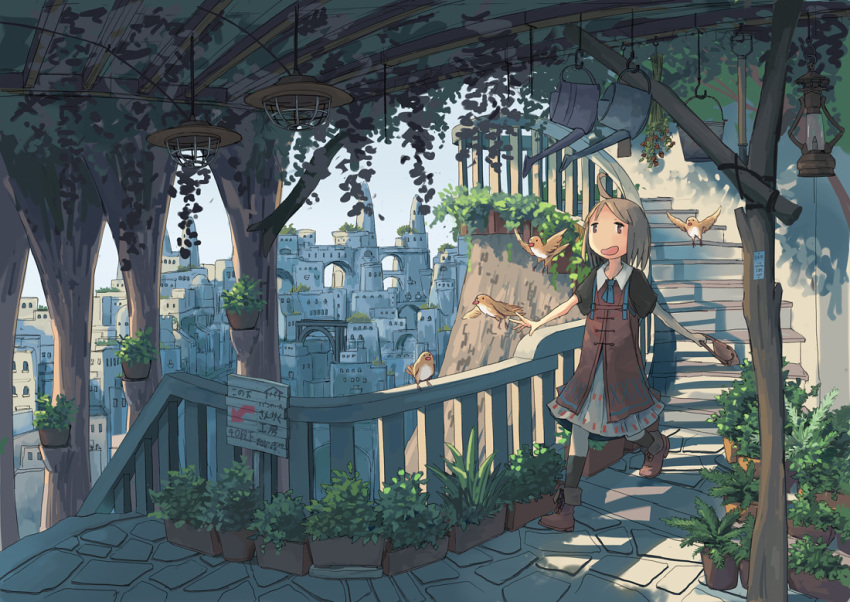 1girl ahoge bird brown_eyes brown_hair cityscape commentary_request dress fantasy lantern long_dress medium_hair original plant potted_plant scenery short_sleeves sign stairs walking watering_can wu_ba_pin