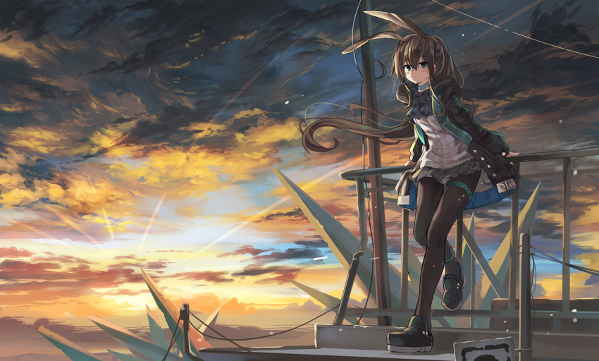1girl amiya_(arknights) animal_ears arknights bangs black_footwear black_jacket blush brown_hair brown_legwear closed_mouth clouds cloudy_sky eyebrows_visible_through_hair grey_eyes grey_skirt hair_between_eyes huanxiang_huifeng jacket leaning_on_rail loafers long_hair long_sleeves looking_at_viewer open_clothes open_jacket outdoors pantyhose pleated_skirt ponytail rabbit_ears railing ribbed_sweater shoes skirt sky solo sunset sweater very_long_hair white_sweater