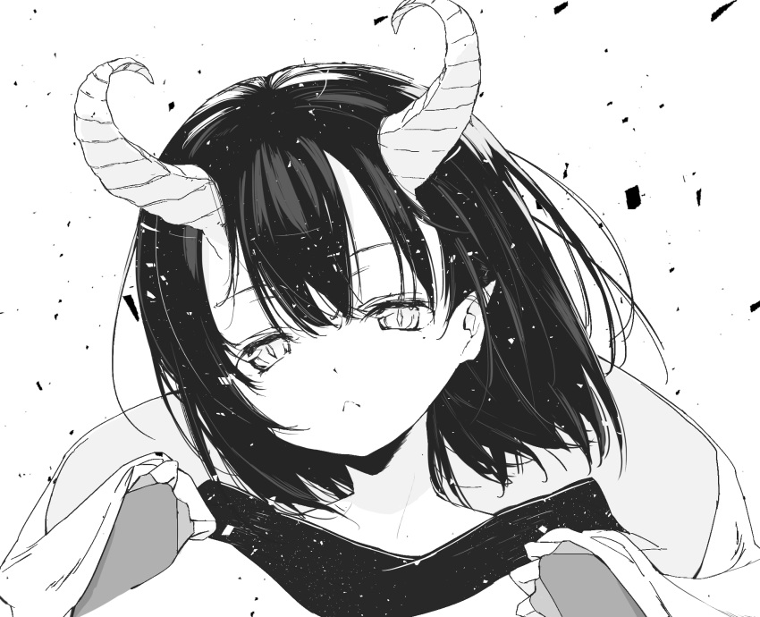 1girl bangs closed_mouth commentary_request curled_horns daitai_sotogawa_(futomomo) demon_horns fingerless_gloves frown gloves greyscale hair_between_eyes hands_up head_tilt highres holding horns monochrome original shawl short_hair simple_background solo white_background