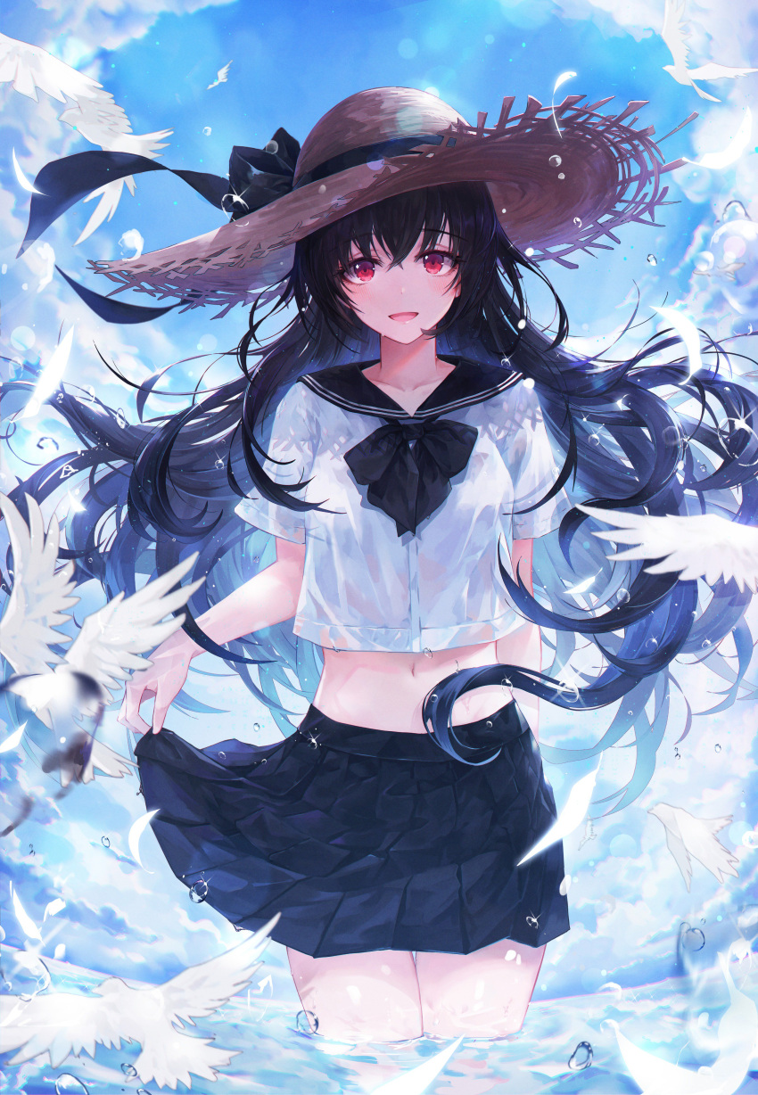 1girl :d absurdres bangs black_hair black_neckwear black_ribbon black_skirt blue_sky blush bow bowtie breasts clouds commentary cropped_shirt crystalherb day eyebrows_visible_through_hair feathers floating_hair hat hat_ribbon highres long_hair looking_at_viewer medium_breasts open_mouth original pleated_skirt red_eyes ribbon sailor_collar school_uniform shirt skirt skirt_hold sky smile solo straw_hat very_long_hair wading water_drop wet wet_clothes white_shirt wind