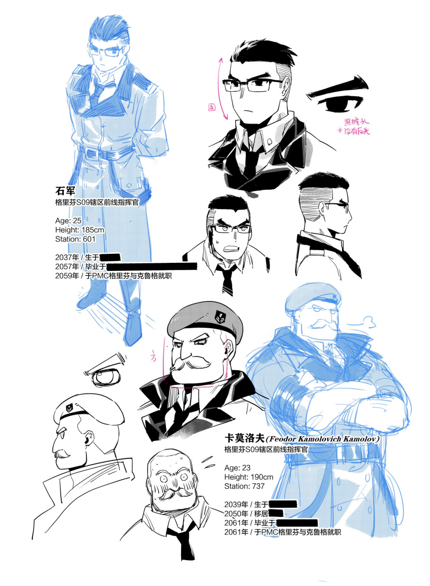2boys absurdres beret black_hair blonde_hair blush character_name chinese_text commander_(girls_frontline) commentary_request crossed_arms facial_hair feodor_kamolovich_kamolov_(girls_frontline) girls_frontline glasses hat highres miharu_(cgsky) military military_uniform multiple_boys mustache necktie official_art sleeves_rolled_up translation_request uniform