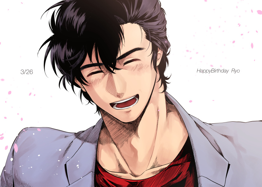 1boy :d absurdres black_hair character_name city_hunter closed_eyes collarbone grey_jacket hair_between_eyes happy_birthday highres jacket male_focus open_clothes open_jacket open_mouth ponytail ramazu red_shirt saeba_ryou shirt smile solo white_background
