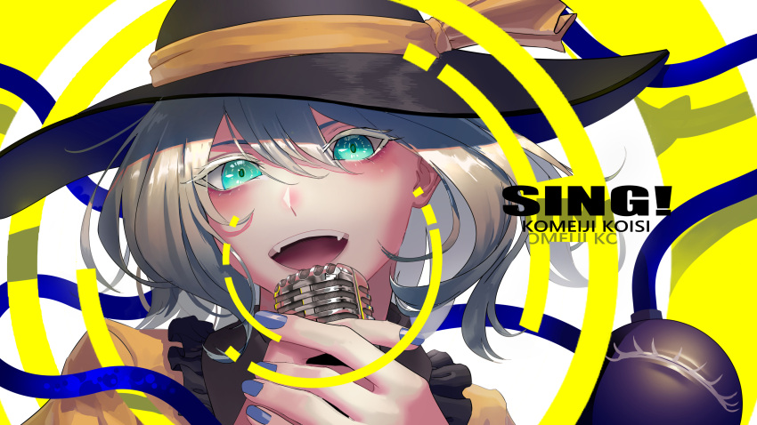 1girl :d absurdres bangs black_headwear blue_nails character_name colored_eyelashes commentary_request eit_(ikeuchi) fangs frilled_shirt_collar frills green_eyes hair_between_eyes hat hat_ribbon head_tilt highres holding holding_microphone komeiji_koishi microphone nail_polish open_mouth portrait ribbon shirt silver_hair smile solo third_eye touhou white_background yellow_ribbon yellow_shirt