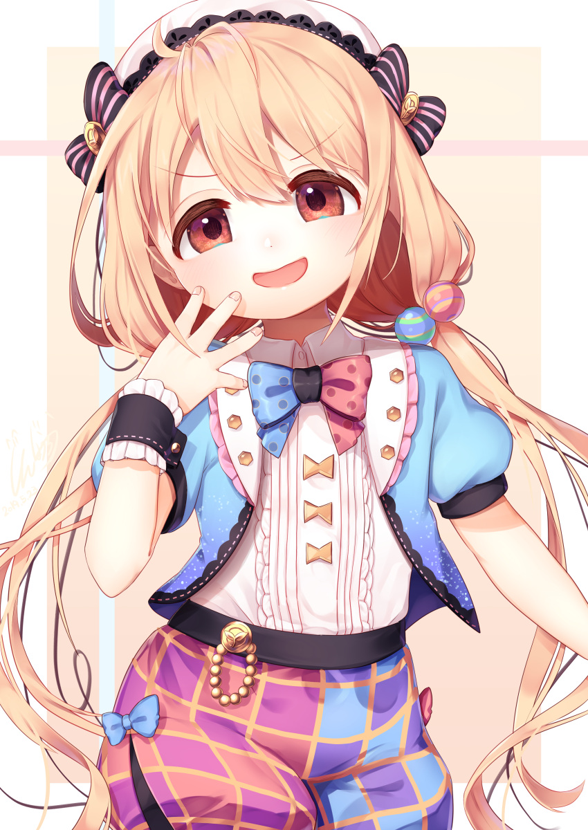 absurdres alternate_costume belt beret blonde_hair bow bowtie checkered_shorts contrapposto cowboy_shot cropped_jacket eyebrows_visible_through_hair fingernails futaba_anzu gunjou_row hair_between_eyes hair_bobbles hair_ornament hand_on_own_cheek hat hat_ribbon head_tilt highres idolmaster idolmaster_cinderella_girls jacket light_brown_background long_hair low_twintails open_clothes open_jacket polka_dot_neckwear puffy_short_sleeves puffy_sleeves ribbon shirt short_sleeves simple_background standing striped striped_ribbon twintails two-tone_neckwear very_long_hair white_headwear white_shirt wrist_cuffs