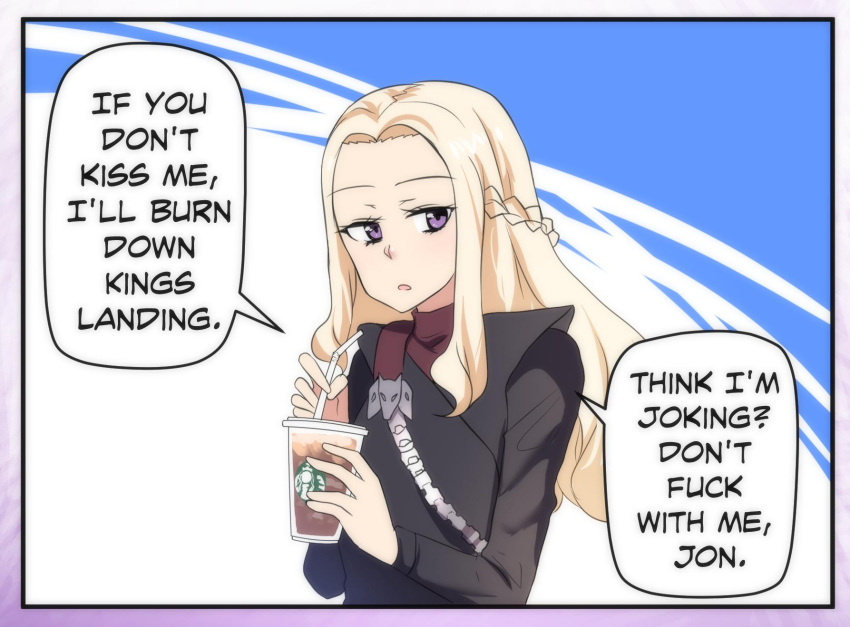 1girl blonde_hair braid coffee_cup cup daenerys_targaryen disposable_cup drinking_straw english_text french_braid game_of_thrones highres hinghoi long_hair pout speech_bubble starbucks violet_eyes yandere