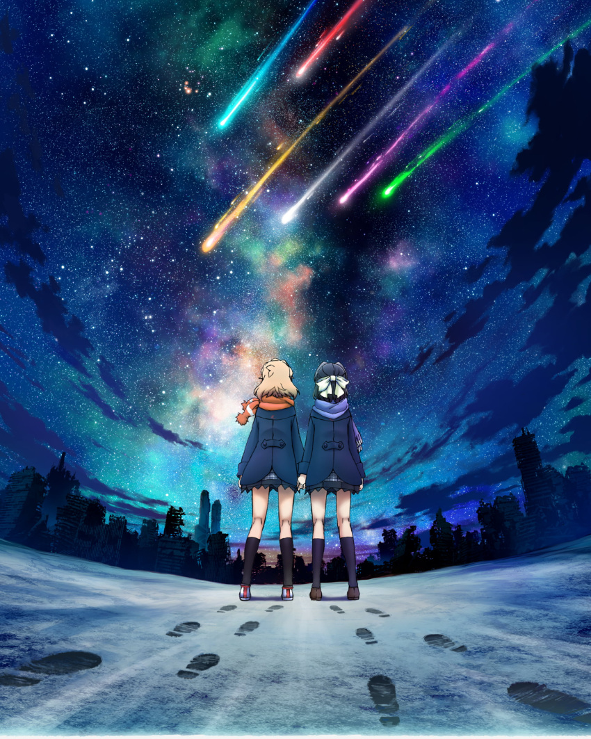 2girls absurdres black_hair black_legwear bow clouds fisheye footprints from_behind hair_bow highres holding_hands interlocked_fingers jacket key_visual kneehighs kohinata_miku light_brown_hair lydian_academy_uniform medium_hair multiple_girls night night_sky official_art ribbon ruins scarf senki_zesshou_symphogear shooting_star sky snow star_(sky) starry_sky tachibana_hibiki_(symphogear) white_ribbon