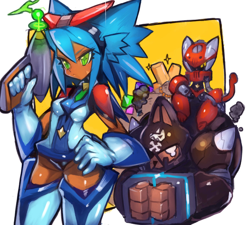 1boy 1girl bangs big_hair blue_hair boots bound bound_wrists breasts commentary_request dakusuta dark_skin energy_gun gloves green_eyes hair_between_eyes hairband hand_on_hip highres holding holding_weapon original ray_gun robot simple_background sitting sitting_on_person spiky_hair thigh-highs thigh_boots weapon