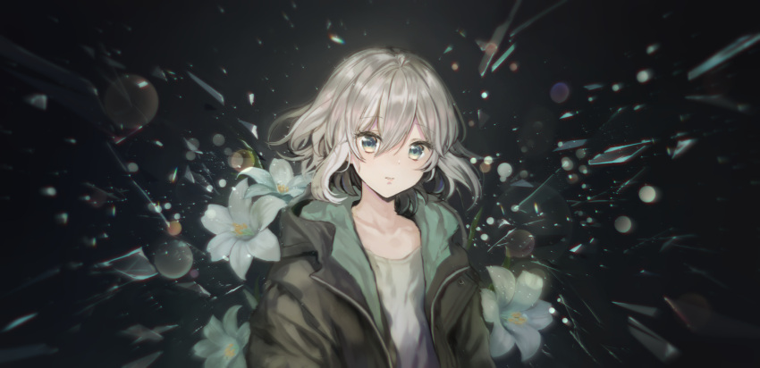 1girl asahi_yuuji black_background black_jacket blue_eyes blurry bokeh collarbone commentary dark_background depth_of_field expressionless flat_chest floating_hair flower glass_shards grey_hair grey_shirt highres hood hood_down hooded_jacket jacket lens_flare lily_(flower) looking_at_viewer open_clothes open_jacket original parted_lips rainbow refraction shirt silver_hair solo symbol_commentary t-shirt upper_body white_flower white_shirt