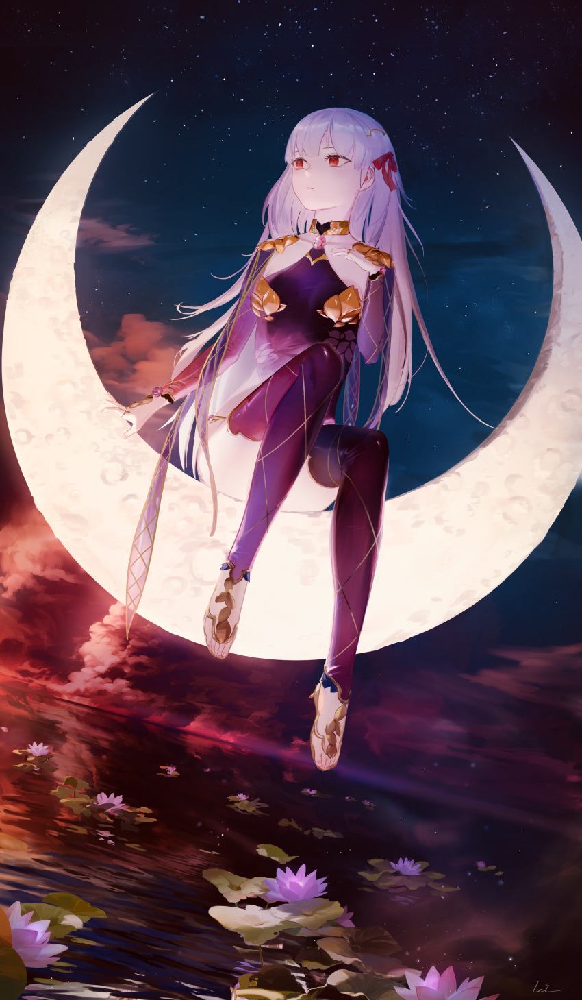 1girl absurdres blue_legwear crescent_moon fate/grand_order fate_(series) flower full_body hair_ribbon highres jewelry kama_(fate/grand_order) leiq long_hair moon night night_sky outdoors pink_flower red_eyes red_ribbon ribbon ring shiny shiny_hair silver_hair sitting sky solo star_(sky) starry_sky thigh-highs very_long_hair