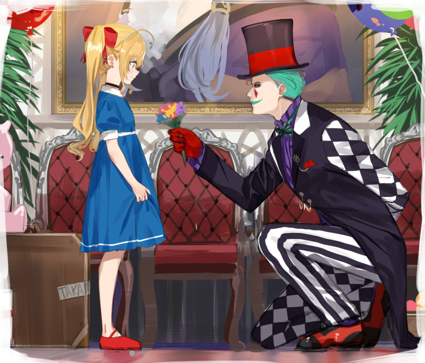 1boy 1girl ahoge arm_behind_back asymmetrical_clothes asymmetrical_pants balloon black_choker blonde_hair blue_dress bow briefcase chair checkered_pants choker closed_mouth clown commentary diamond_(symbol) dress facial_mark flower full_body gift gloves green_hair green_lips hair_bow hat highres holding holding_flower isshiki_(ffmania7) joe_rikiichi kneeling long_coat long_hair long_sleeves looking_at_another makeup nijisanji painting pants plant red_bow red_footwear red_gloves rindou_mikoto_(cameo) smile standing striped striped_pants stuffed_animal stuffed_toy symbol_commentary takamiya_rion top_hat twintails virtual_youtuber younger