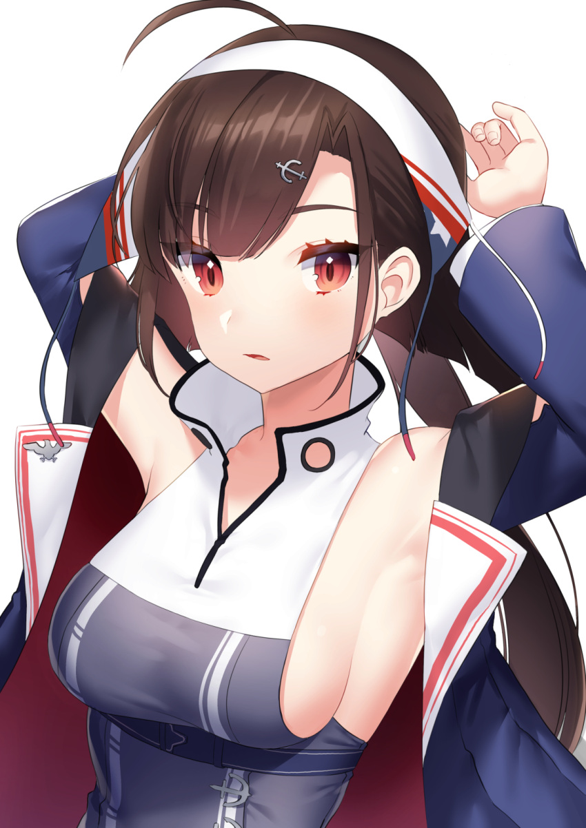 1girl ahoge arms_behind_head arms_up azur_lane bangs blue_jacket breasts brown_hair dress eyebrows_visible_through_hair fingernails grey_dress hairband highres independence_(azur_lane) jacket large_breasts long_hair long_sleeves looking_at_viewer mizuki_eiru_(akagi_kurage) open_clothes open_jacket parted_lips red_eyes sideboob simple_background sleeveless sleeveless_dress solo upper_body very_long_hair white_background white_hairband