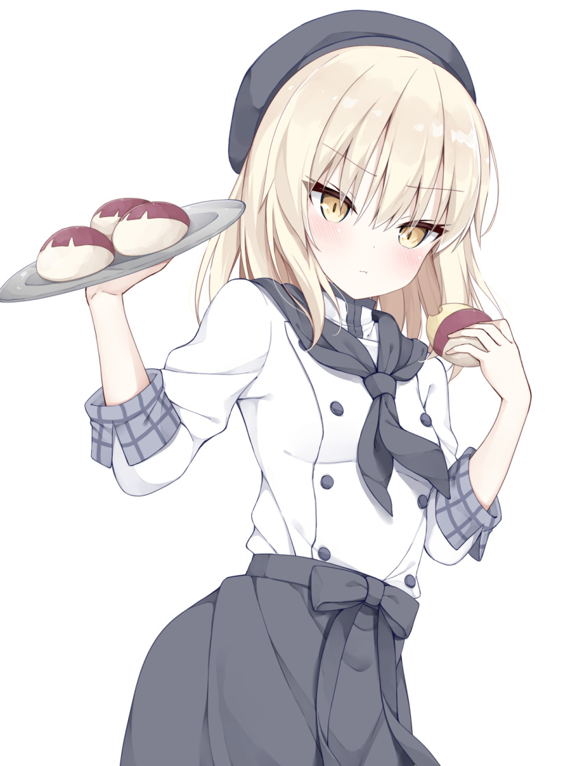 1girl alternate_costume apron artoria_pendragon_(all) black_apron black_headwear blonde_hair blush breasts commentary_request cowboy_shot dot_nose fate_(series) food hair_between_eyes hat highres holding holding_food holding_plate kamu_(geeenius) long_hair looking_at_viewer plate saber_alter shirt simple_background small_breasts solo white_background white_shirt yellow_eyes