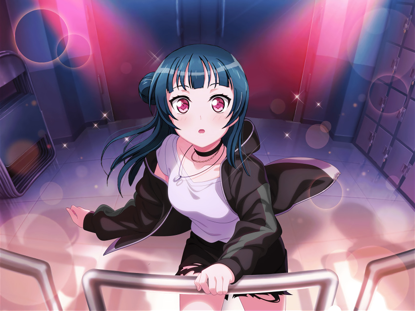 1girl bangs black_jacket black_shorts blue_hair blush choker collarbone from_above hair_bun highres holding indoors ink_(pixiv25450915) jacket jewelry lens_flare long_hair long_sleeves looking_at_viewer love_live! love_live!_sunshine!! necklace open_clothes open_jacket open_mouth pink_eyes shirt short_shorts shorts solo standing torn_clothes torn_shorts tsushima_yoshiko white_shirt