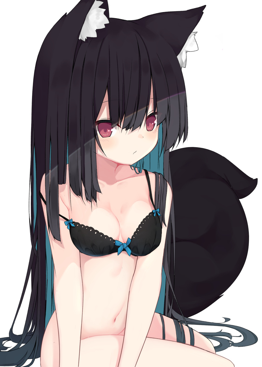 1girl absurdres animal_ear_fluff animal_ears arm_support bangs bare_shoulders black_bra black_hair blue_hair blush bottomless bow bow_bra bra breasts closed_mouth collarbone commentary_request eyebrows_visible_through_hair fox_ears fox_girl fox_tail groin hair_between_eyes highres mm2k multicolored_hair navel original red_eyes simple_background small_breasts solo strap_slip tail two-tone_hair underwear underwear_only white_background