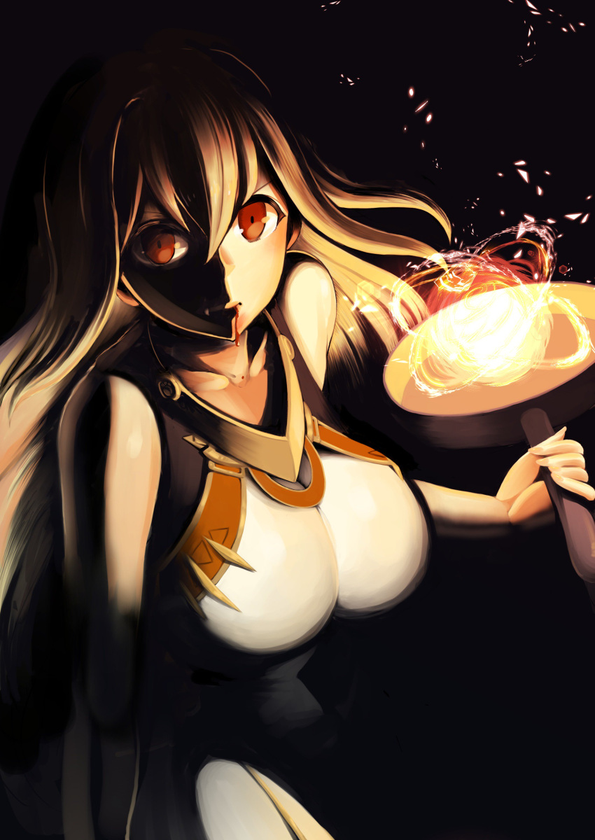 1girl absurdres aim_(megido72) black_background blonde_hair blood blood_drip blood_on_face blood_trail breasts closed_mouth collarbone commentary darkness eo_masaka frying_pan highres large_breasts megido72 red_eyes shaded_face shirt sleeveless solo upper_body white_shirt