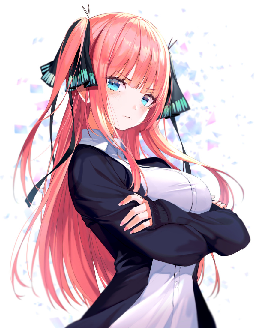 1girl absurdres black_cardigan blue_eyes breasts butterfly_hair_ornament buttons cardigan closed_mouth collared_shirt crossed_arms frown go-toubun_no_hanayome hair_ornament highres large_breasts long_hair long_sleeves looking_at_viewer nakano_nino open_cardigan open_clothes pink_hair pro-p school_uniform shirt sidelocks solo standing two_side_up upper_body v-shaped_eyebrows white_shirt