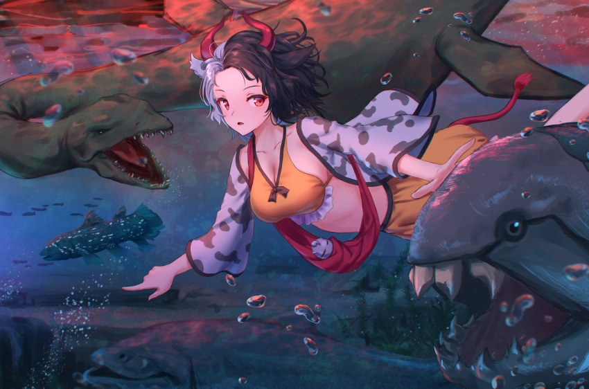 1girl air_bubble animal_ears animal_print black_hair breasts bubble coelacanth collarbone commentary_request cow_ears cow_horns cow_print cow_tail crop_top dunkleosteus eel feet_out_of_frame fish forehead freediving frills haori horns japanese_clothes large_breasts light_rays loch_ness_monster long_sleeves looking_at_viewer midriff multicolored_hair parted_lips plesiosaur pointing prehistoric_animal red_eyes roke_(taikodon) sharp_teeth short_hair silver_hair skirt solo sports_bra swimming tail teeth touhou two-tone_hair underwater ushizaki_urumi wide_sleeves yellow_skirt