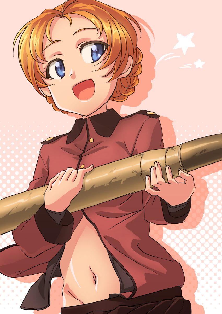 1girl absurdres bangs black_skirt blue_eyes braid commentary_request epaulettes girls_und_panzer groin helmet_(trailblazer003) highres holding jacket long_sleeves looking_at_viewer military military_uniform navel open_clothes open_jacket open_mouth open_skirt orange_hair orange_pekoe parted_bangs pink_background pleated_skirt red_jacket shadow short_hair skirt skirt_pull smile solo st._gloriana's_military_uniform standing star tank_shell tied_hair twin_braids uniform