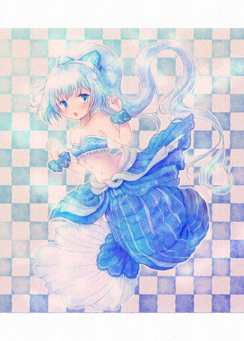 1girl :o absurdres bandeau bare_shoulders blue_bow blue_eyes blue_hair blue_skirt blue_theme bow checkered checkered_background collarbone flower_knight_girl frills full_body hair_bow highres long_hair looking_at_viewer midriff navel nerine_(flower_knight_girl) nonisakuwana open_mouth ponytail skirt solo w_arms wrist_cuffs