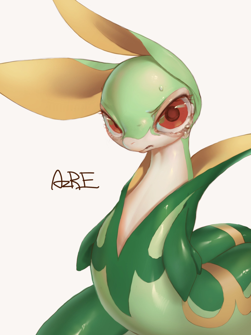 azre commentary_request eyelashes gen_5_pokemon highres looking_at_viewer no_humans pokemon pokemon_(creature) red_eyes serperior shiny shiny_skin signature simple_background snake solo sweatdrop tearing_up white_background