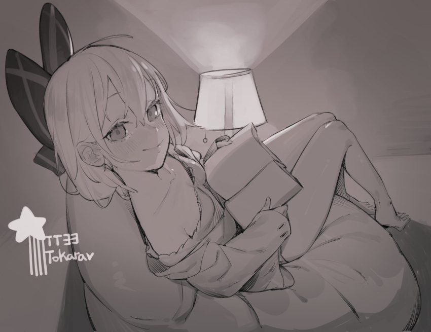 1girl bare_shoulders barefoot bean_bag_chair black_bow blush book bow breasts character_name closed_mouth collarbone commentary full_body girls_frontline hair_between_eyes hair_bow holding holding_book juz lamp legs lips long_hair long_sleeves looking_at_viewer monochrome reading sitting small_breasts smile solo tokarev_(girls_frontline)