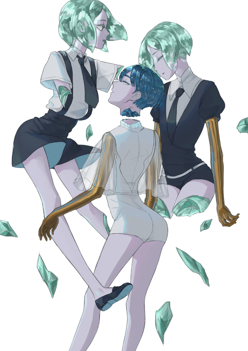 3others absurdres androgynous bangs blue_hair blunt_bangs breaking closed_eyes colored_eyelashes commentary crystal_hair full_body gem gem_uniform_(houseki_no_kuni) golden_arms green_eyes green_hair highres houseki_no_kuni iciriini looking_at_viewer looking_back missing_limb multiple_others multiple_persona necktie phosphophyllite phosphophyllite_(ll) see-through_sleeves shards short_hair spoilers suspenders white_background white_eyes