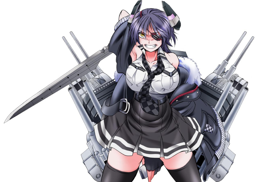 1girl angeldust arm_behind_back arm_up armpits bare_shoulders black_gloves black_legwear black_skirt breasts checkered checkered_neckwear clenched_teeth commentary_request eyepatch fur-trimmed_jacket fur_trim gloves headgear high-waist_skirt jacket kantai_collection large_breasts legs_apart necktie partly_fingerless_gloves purple_hair remodel_(kantai_collection) rigging scabbard sheath shirt short_hair simple_background skirt sleeveless sleeveless_shirt solo sword teeth tenryuu_(kantai_collection) thigh-highs torpedo_launcher turret weapon white_background white_shirt yellow_eyes zettai_ryouiki