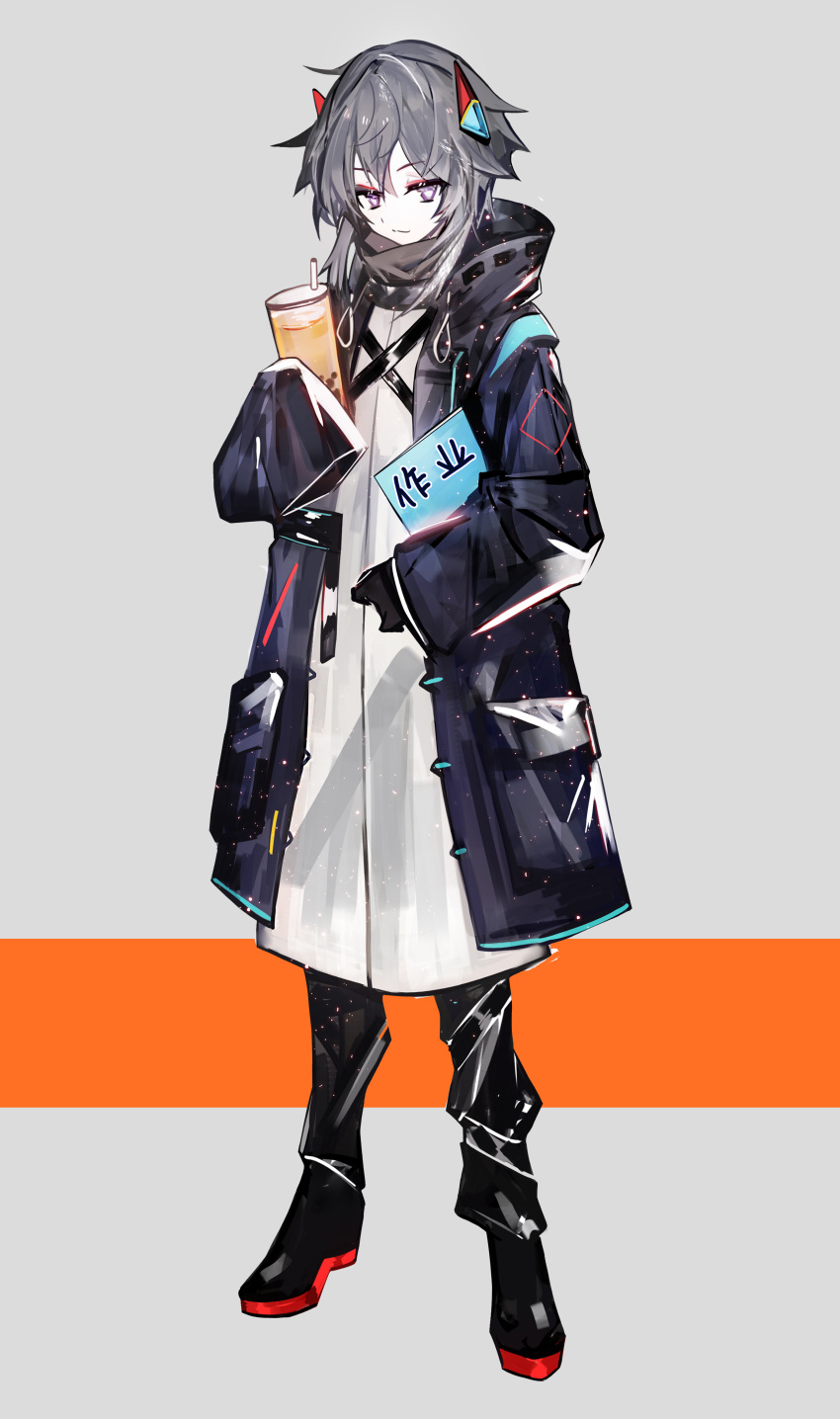 1girl absurdres arknights bangs black_coat black_footwear black_pants boots closed_mouth coat cup disposable_cup doctor_(arknights) eyebrows_visible_through_hair female_doctor_(arknights) grey_background grey_hair hair_between_eyes headgear highres holding holding_cup hood hood_down hooded_coat labcoat long_sleeves moemoe3345 open_clothes open_coat orange_background pants ribbon-trimmed_hood ribbon_trim sleeves_past_fingers sleeves_past_wrists smile solo two-tone_background violet_eyes