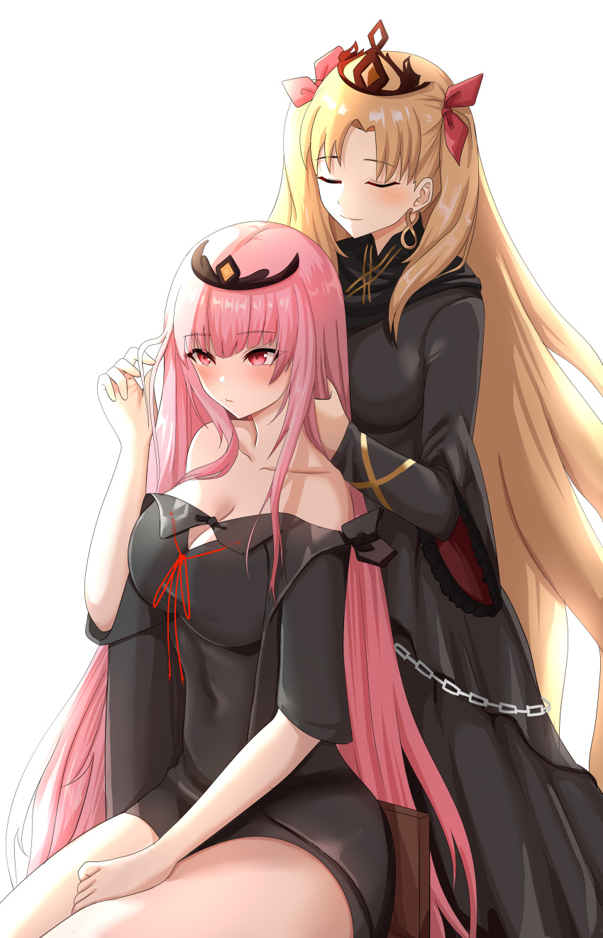 2girls absurdres blonde_hair blush breasts chain closed_eyes crown earrings ereshkigal_(fate) fate/grand_order fate_(series) hair_ribbon hand_in_another's_hair hand_on_own_thigh highres hololive hololive_english jewelry large_breasts long_hair lunaticreisen29 mori_calliope multiple_girls pink_hair playing_with_hair red_eyes red_ribbon ribbon thighs trait_connection two_side_up very_long_hair white_background wide_sleeves