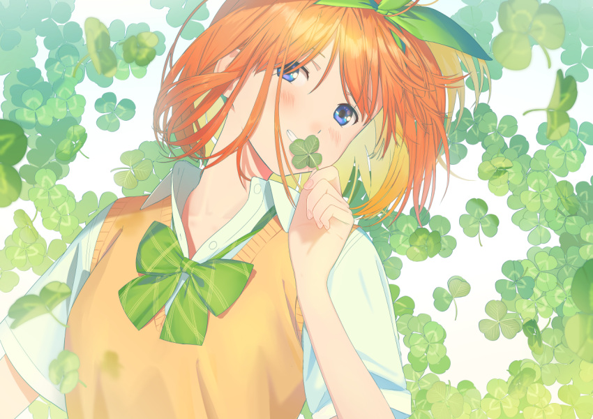 1girl bangs blue_eyes bow bowtie clover collared_shirt covering_mouth four-leaf_clover go-toubun_no_hanayome green_neckwear green_ribbon grin hair_ribbon holding_clover looking_at_viewer nakano_yotsuba orange_hair poligon_(046) ribbon shirt short_hair short_sleeves smile solo sweater_vest upper_body white_shirt