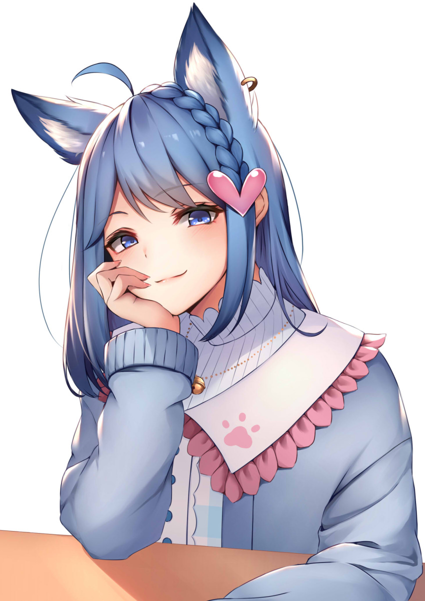 1girl ahoge animal_ear_fluff animal_ears animare bangs bell blue_eyes blue_hair blue_jacket blush braid closed_mouth commentary dog_ears ear_piercing eyebrows_visible_through_hair frilled_shirt_collar frills hair_ornament head_tilt heart heart_hair_ornament highres jacket jingle_bell long_hair long_sleeves looking_at_viewer open_clothes open_jacket piercing shirt simple_background smile solo souya_ichika striped striped_shirt table upper_body virtual_youtuber white_background ym_(distance819)