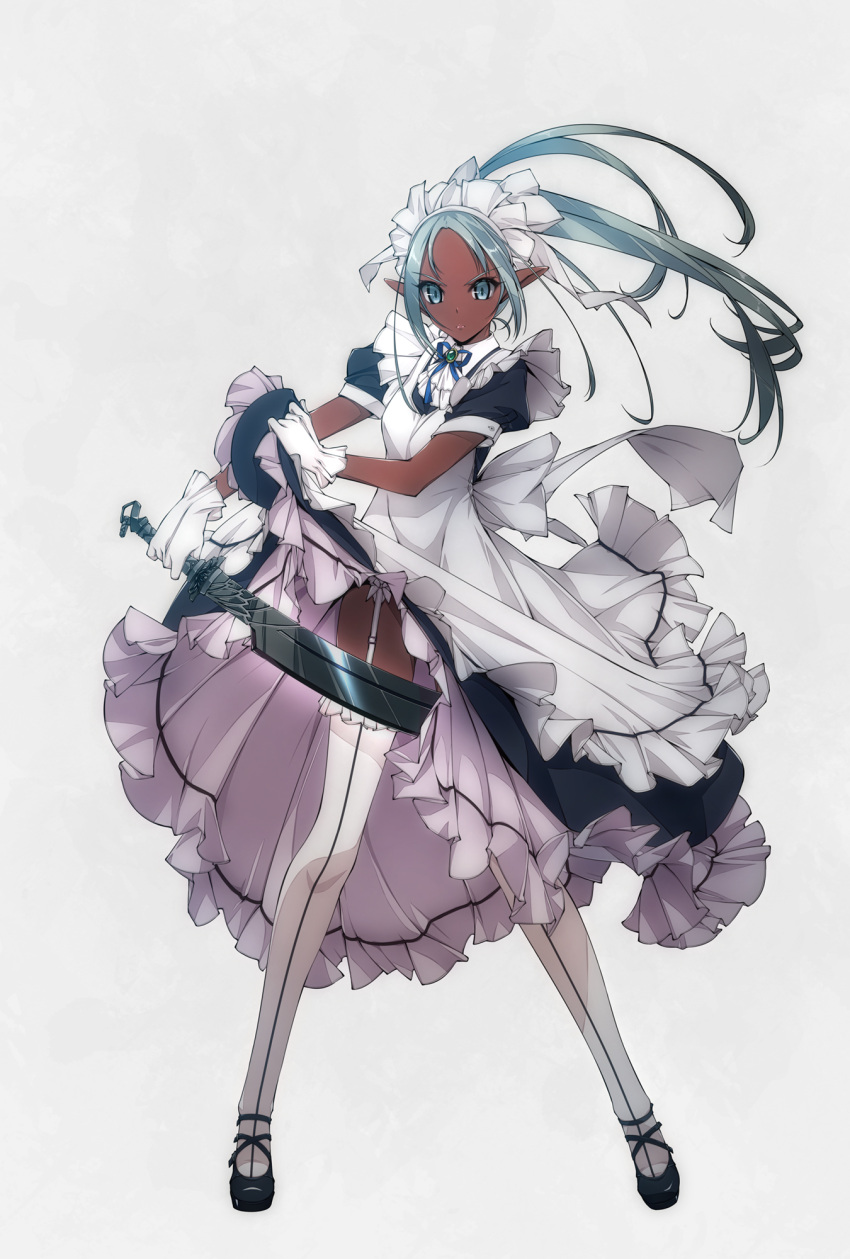 1girl apron black_footwear blue_eyes blue_hair blue_neckwear blue_ribbon brooch closed_mouth dark_skin dress forehead frilled_apron frilled_legwear frills full_body garter_straps gloves grey_background highres holding holding_sword holding_weapon jewelry lips long_hair looking_at_viewer maid maid_headdress murakami_suigun original pointy_ears ribbon short_sleeves simple_background solo standing sword thigh-highs weapon white_apron white_gloves white_legwear