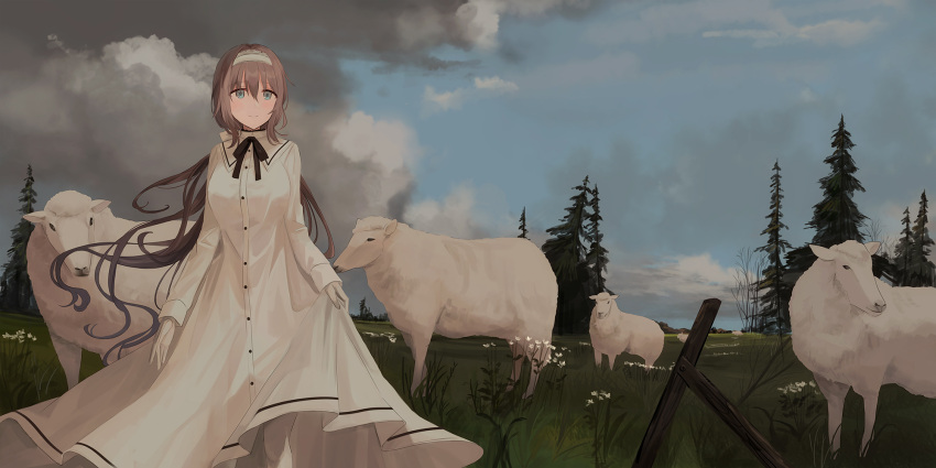 1girl animal bangs blue_eyes blue_sky blush breasts brown_hair chihuri closed_mouth clouds cloudy_sky collared_dress commentary day dress eyebrows_visible_through_hair field flower gloves grass hair_between_eyes hairband highres long_dress long_hair long_sleeves low_ponytail medium_breasts original outdoors pine_tree ponytail sheep skirt_hold sky sleeves_past_wrists smile solo standing tree very_long_hair white_dress white_flower white_gloves white_hairband