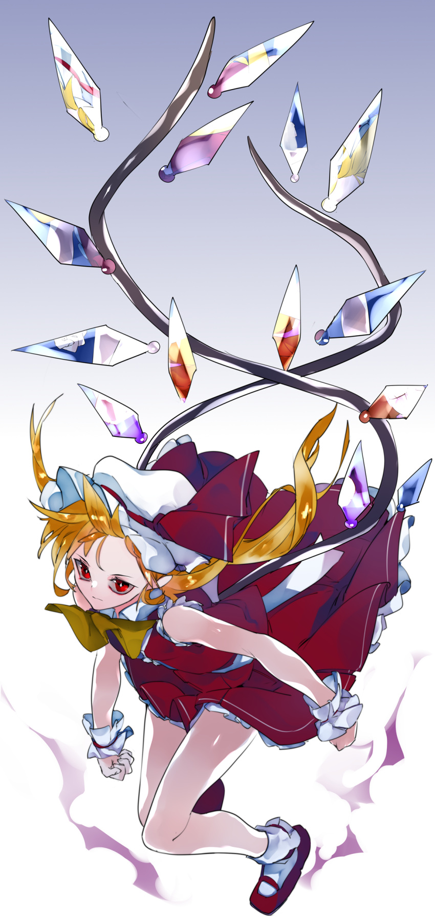 1girl absurdres ascot bare_arms bare_legs bare_shoulders black_footwear blonde_hair clenched_hands commentary_request crystal flandre_scarlet full_body gradient gradient_background grey_background hat hat_ribbon highres ikurauni long_hair looking_at_viewer mary_janes mob_cap petticoat red_eyes red_ribbon red_skirt red_vest ribbon shoes side_ponytail skirt skirt_set socks solo thighs touhou vest white_background white_headwear white_legwear wings wrist_cuffs yellow_neckwear