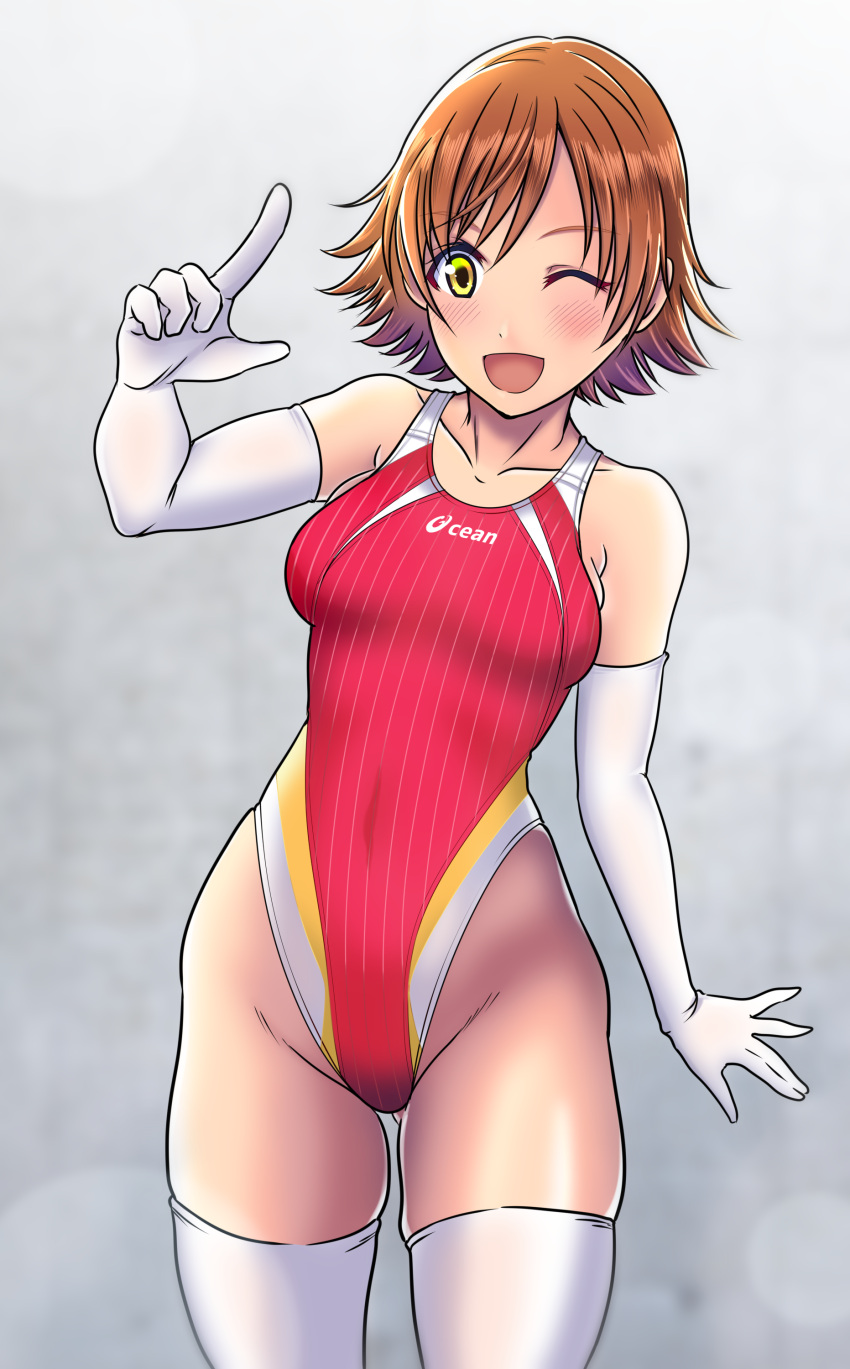 1girl absurdres aiuchi asics ass_visible_through_thighs brown_hair clenched_hand collarbone commentary_request competition_swimsuit cowboy_shot elbow_gloves gloves grey_background highleg highleg_swimsuit highres honda_mio idolmaster idolmaster_cinderella_girls index_finger_raised logo_parody looking_at_viewer one-piece_swimsuit one_eye_closed open_mouth red_swimsuit short_hair smile solo standing striped striped_swimsuit swimsuit thigh-highs white_gloves white_legwear yellow_eyes