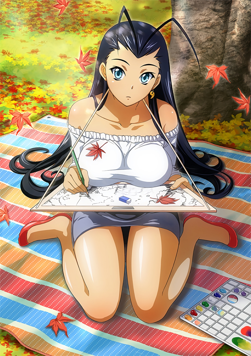 1girl antenna_hair autumn_leaves black_hair breasts collarbone day earrings flats full_body grey_skirt highres holding holding_pencil ikkitousen jewelry kakouen_myousai large_breasts leaf long_hair looking_at_viewer magatama magatama_earrings maple_leaf miniskirt off-shoulder_shirt off_shoulder outdoors pencil pencil_skirt red_footwear shiny shiny_hair shiny_skin shirt shoes sitting skirt solo sweater very_long_hair wariza white_sweater