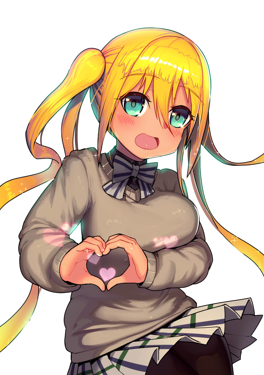 1girl :d absurdres bangs black_shirt blend_s blonde_hair blush bow breasts brown_legwear brown_sweater collared_shirt eyebrows_visible_through_hair green_eyes hair_between_eyes hair_ornament heart heart_hair_ornament highres hinata_kaho large_breasts leonat long_hair long_sleeves looking_at_viewer open_mouth pantyhose plaid plaid_skirt pleated_skirt puffy_long_sleeves puffy_sleeves school_uniform shirt sidelocks simple_background skirt sleeves_past_wrists smile solo sparkling_eyes striped striped_bow sweater tan twintails very_long_hair white_background white_bow white_skirt