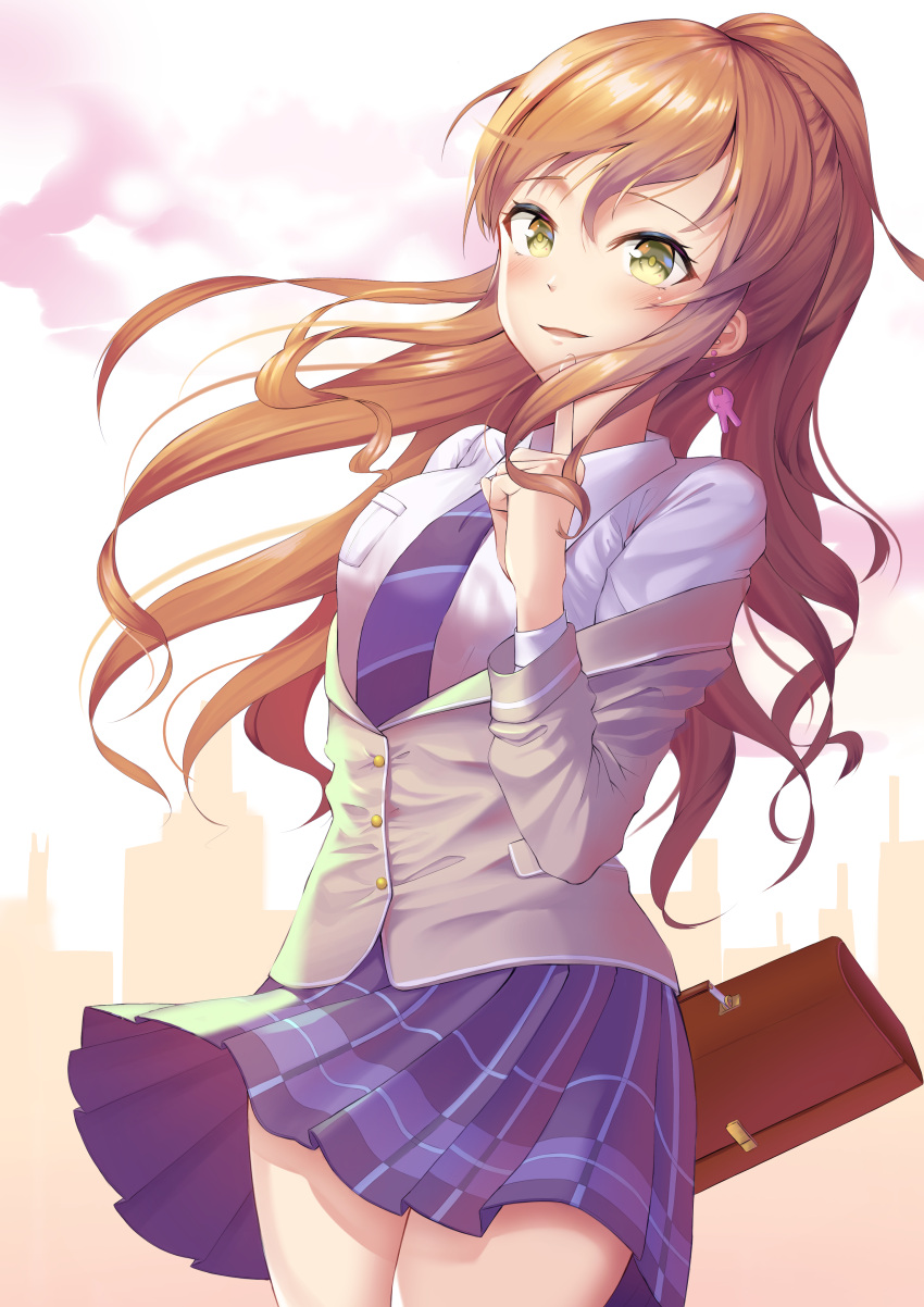 1girl absurdres bag bang_dream! bare_legs blue_neckwear blue_skirt blurry blurry_background blush breast_pocket breasts brown_hair building buttons clouds collared_shirt earrings floating_hair handbag haneoka_school_uniform highres holding holding_bag hyonee imai_lisa jacket jewelry long_hair long_sleeves looking_at_viewer medium_breasts miniskirt necktie off_shoulder one_side_up parted_lips plaid plaid_skirt pleated_skirt pocket ponytail school_uniform serafuku shadow shirt skirt skirt_lift smile solo standing striped striped_neckwear stuffed_animal stuffed_bunny stuffed_toy thighs very_long_hair white_shirt yellow_eyes