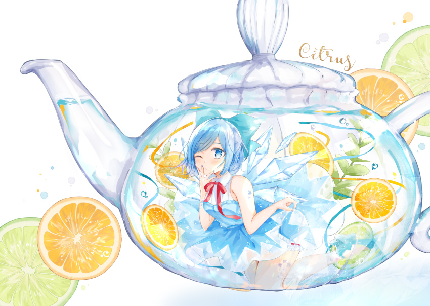 1girl bangs bare_arms bare_shoulders blue_dress blue_eyes blue_hair blue_nails blush cirno closed_mouth commentary_request dress eyebrows_visible_through_hair fingernails food fruit highres lemon lemon_slice lime_(fruit) lime_slice minigirl moko_(3886397) nail_polish neck_ribbon one_eye_closed red_ribbon ribbon sleeveless sleeveless_dress solo submerged teapot touhou water white_background