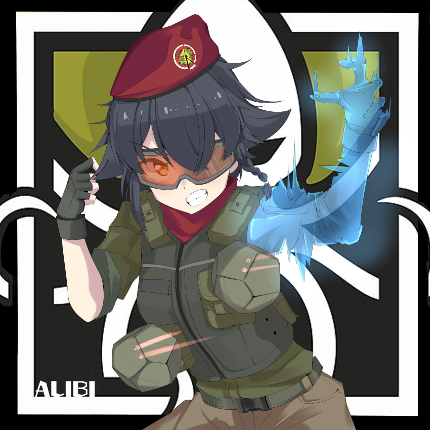 1girl absurdres alibi_(rainbow_six_siege) alibi_(rainbow_six_siege)_(cosplay) antyobi0720 anzio_(emblem) arm_up bangs belt beret black_belt black_gloves black_hair body_armor braid brown_eyes brown_pants character_name collar commentary_request cosplay emblem eyebrows_visible_through_hair fingerless_gloves girls_und_panzer gloves green_jacket grin hair_over_one_eye hair_tie hat highres hologram jacket leaning_forward long_sleeves looking_at_viewer military_hat pants partial_commentary pepperoni_(girls_und_panzer) rainbow_six_siege red_collar red_headwear robot short_hair side_braid sleeves_rolled_up smile solo standing tactical_clothes upper_body v-shaped_eyebrows