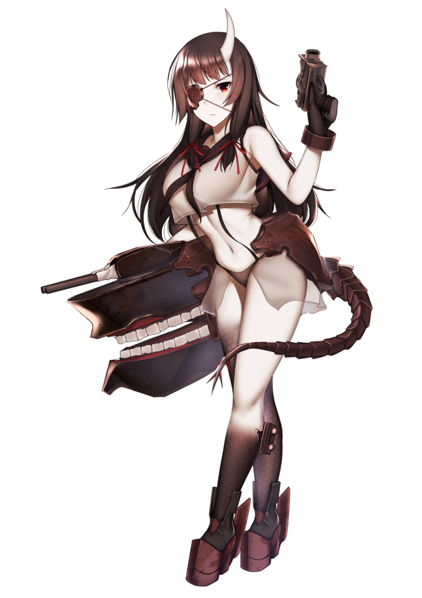 1girl black_gloves black_hair cannon commentary_request crop_top dark_persona eyepatch gloves gun hair_ribbon handgun high_heels highres holding holding_gun holding_weapon horn isokaze_(kantai_collection) kantai_collection long_hair machinery navel pistol qqq red_eyes revealing_clothes ribbon rigging shinkaisei-kan simple_background solo standing stomach tail tress_ribbon turret weapon white_background white_skin