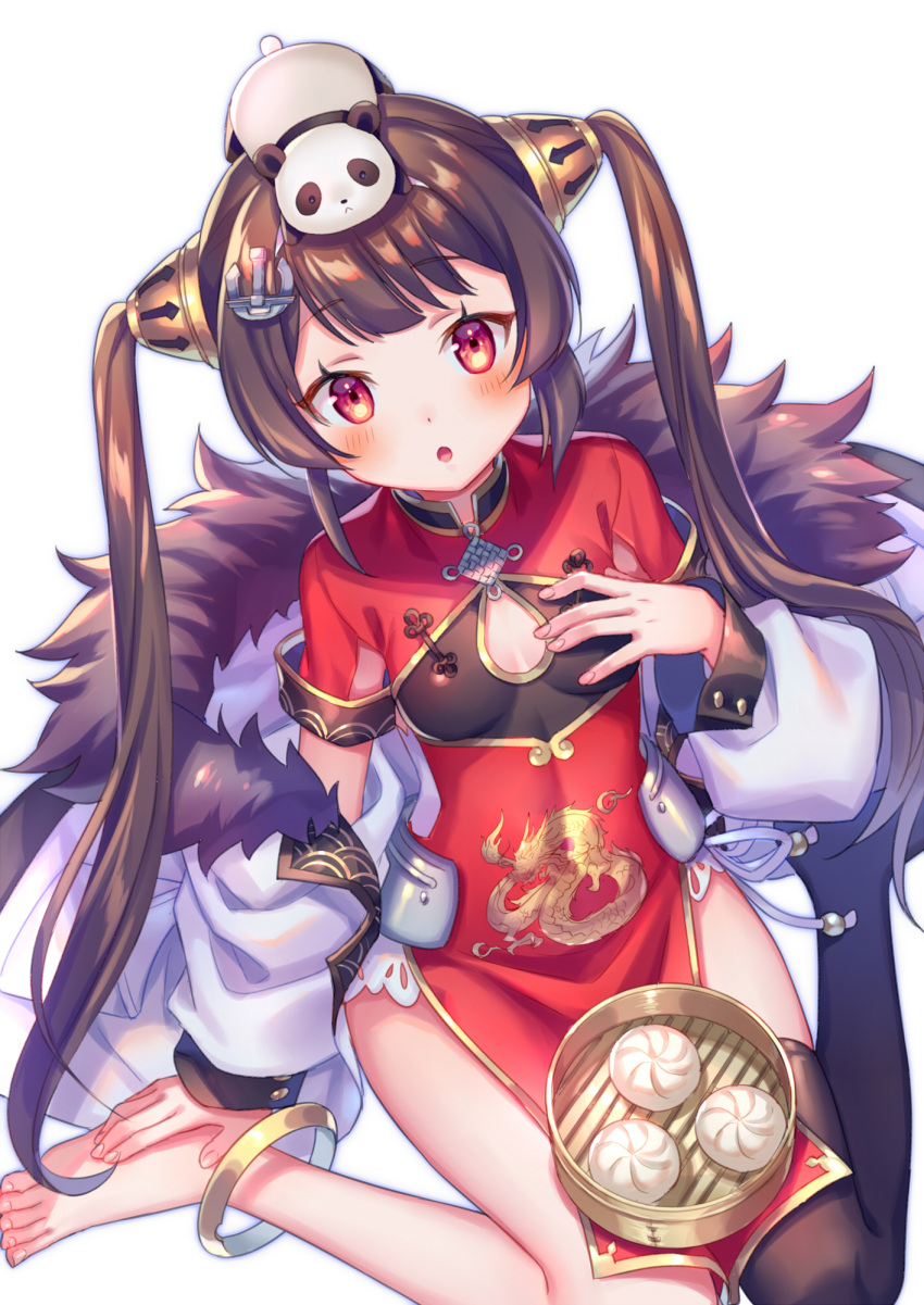 1girl :o anchor_hair_ornament anklet azur_lane bamboo_steamer bangs baozi bare_legs barefoot black_legwear blush breasts china_dress chinese_clothes cleavage_cutout coat commentary_request dragon_print dress eyebrows_visible_through_hair food from_above fur-trimmed_coat fur_trim hair_ornament hand_on_own_chest highres jewelry long_hair long_sleeves looking_at_viewer looking_up off_shoulder open_clothes open_coat open_mouth panda pelvic_curtain ping_hai_(azur_lane) print_dress red_dress simple_background single_thighhigh sitting small_breasts solo tareme thigh-highs twintails very_long_hair violet_eyes wariza white_background white_coat zoff_(daria)