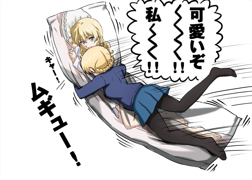 1girl alternate_hairstyle bangs black_footwear black_legwear blonde_hair blue_eyes blue_skirt blue_sweater body_pillow braid closed_mouth commentary dakimakura darjeeling girls_und_panzer hair_down highres loafers long_sleeves looking_at_viewer lying meta miniskirt motion_lines narcissism no_shoes omachi_(slabco) on_side on_stomach pantyhose pillow pillow_hug pleated_skirt school_uniform shoes short_hair simple_background skirt smile solo st._gloriana's_school_uniform sweater tackle tied_hair translated twin_braids white_background