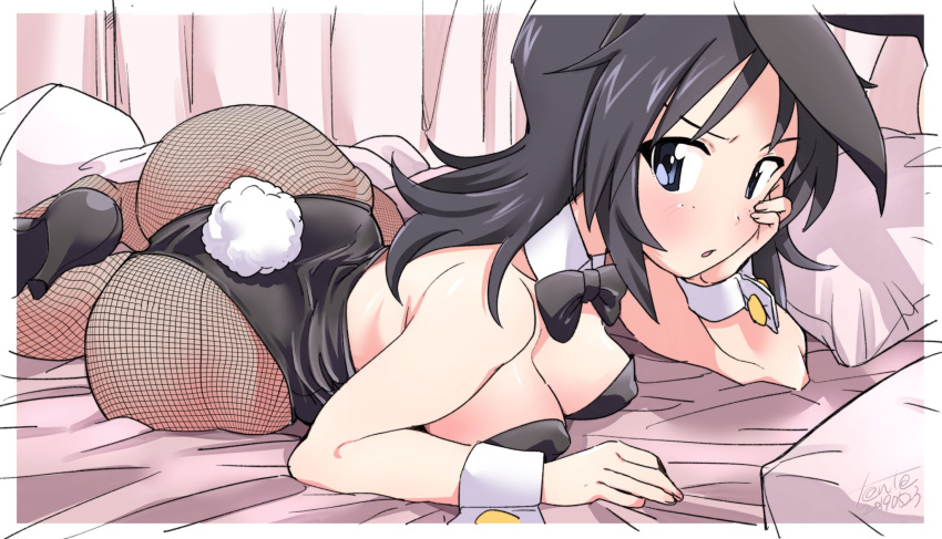 1girl animal_ears ass black_footwear black_hair black_leotard black_neckwear blue_eyes bow bowtie bunny_tail bunnysuit detached_collar fanta_(the_banana_pistols) fishnet_pantyhose fishnets girls_und_panzer hand_on_own_face high_heels highres leotard long_hair looking_at_viewer lying on_side pantyhose pillow rabbit_ears signature solo strapless strapless_leotard tail wrist_cuffs yamagou_ayumi